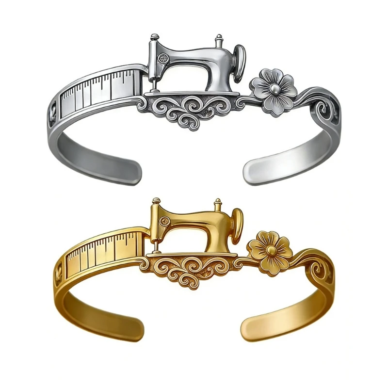 195C Sewing Machine Cuff Bracelet Adjustable Open Alloy Bangle with Tape Measure Scroll Detail Gift Jewelry for Sewing Lovers