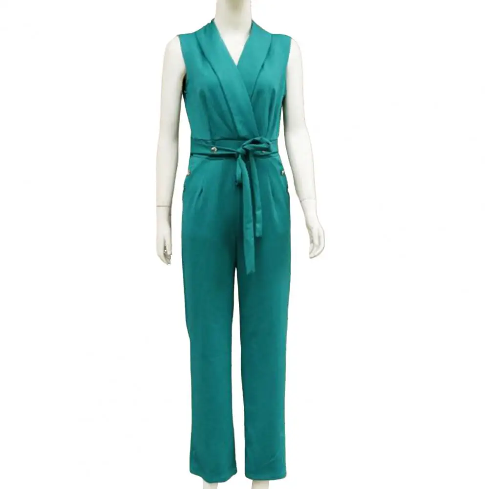 Jumpsuit warna Solid elegan, Jumpsuit leher V dengan tali renda, desain kaki lebar untuk wanita, gaya bisnis Formal untuk bepergian