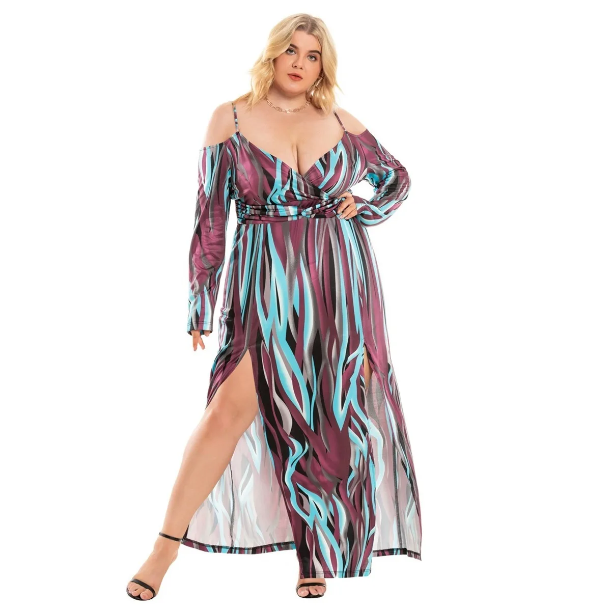 

2025 Plus Size Women's New Sexy Split V-neck Off Shoulder Fat Mm Dress Sq0187 Casual 2025 Party Summer Elegantes Casual Y2k