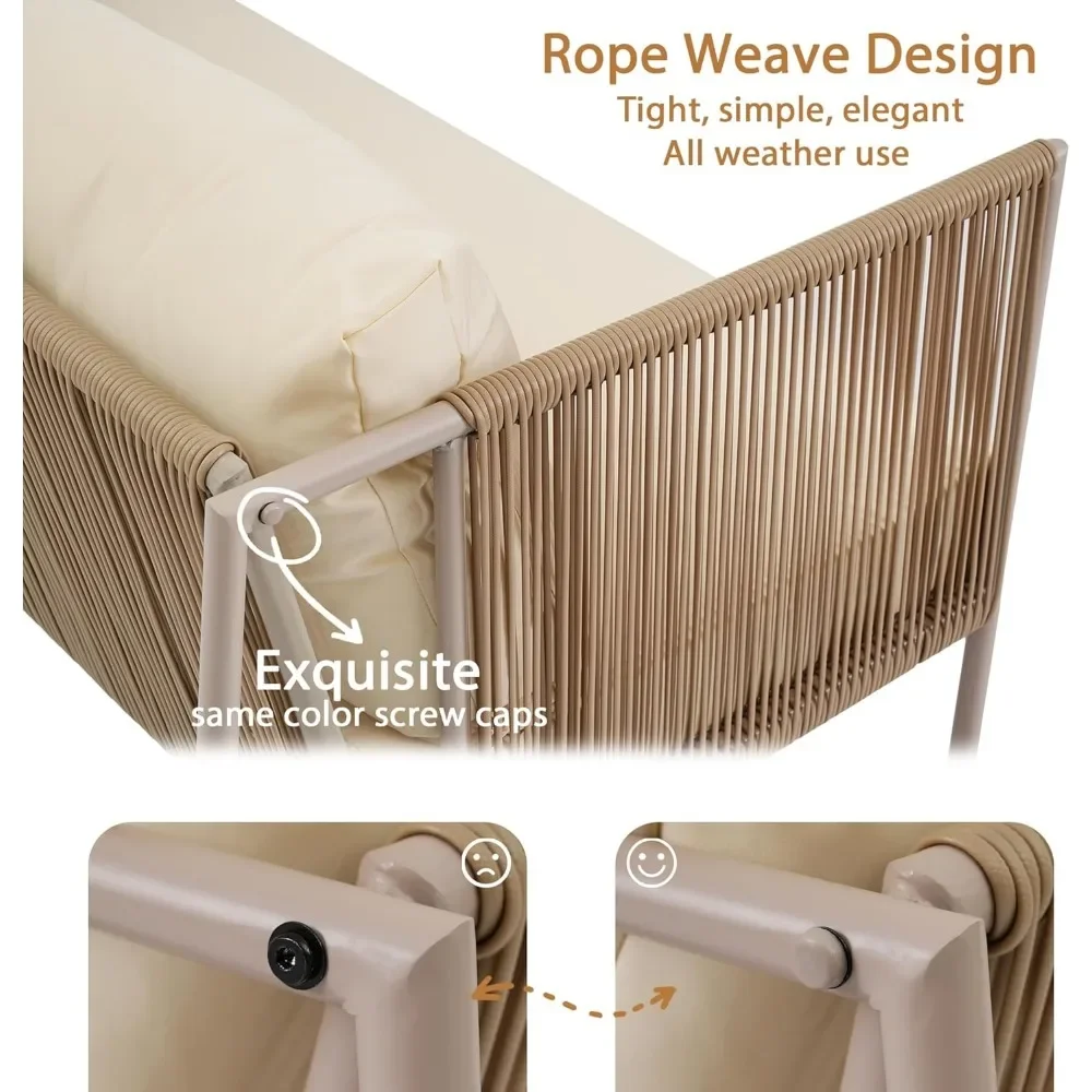 4 Persons Rattan Loveseat, 4 Piece Patio Conversation Set, Outdoor Rope Sofa Set with Thick Cushions and Toughened Glass Table