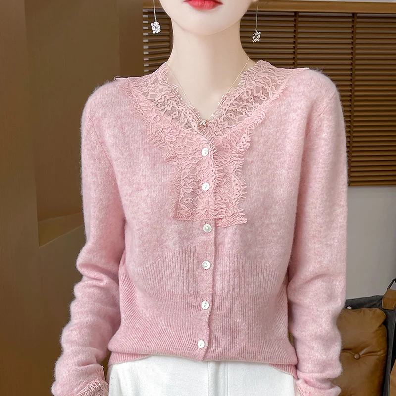 Women\'s Sweater Autumn/Winter New 100% Merino Wool Tops Women\'s V-neck Knitted Cardigan Fashion Lace Long Sleeve Shirt Clothing