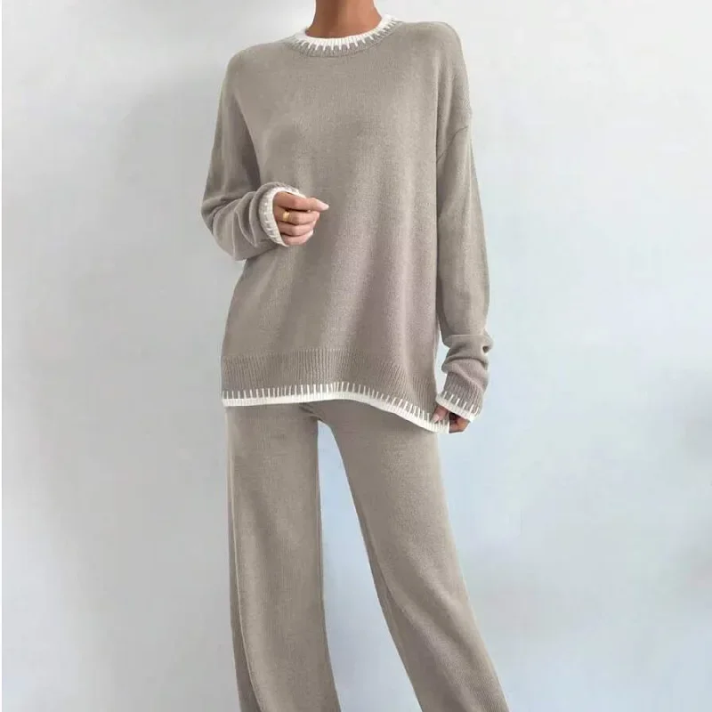 

Autumn Winter Casual Two Piece Suit Women Knitted Long Sleeve Loose Sweater High Waisted Long Pants Streetwear Tracksuits