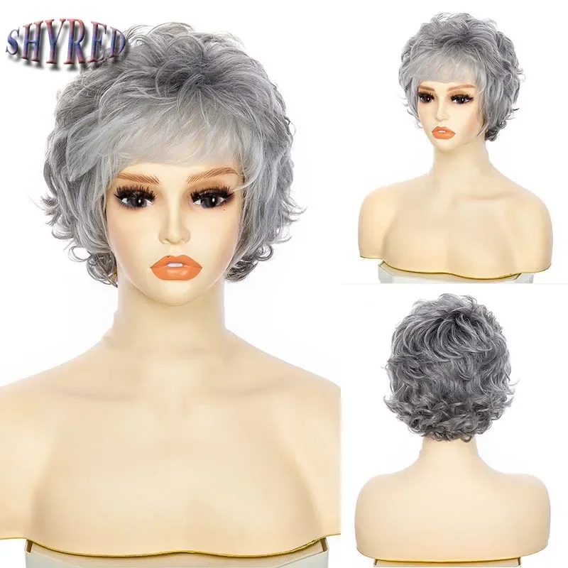 Synthetic Short Silver Gray Pixie Cut Wigs Natural Curly Wave Layered Wig With Fluffy Bangs For Women Heat Resistant Hair Wig
