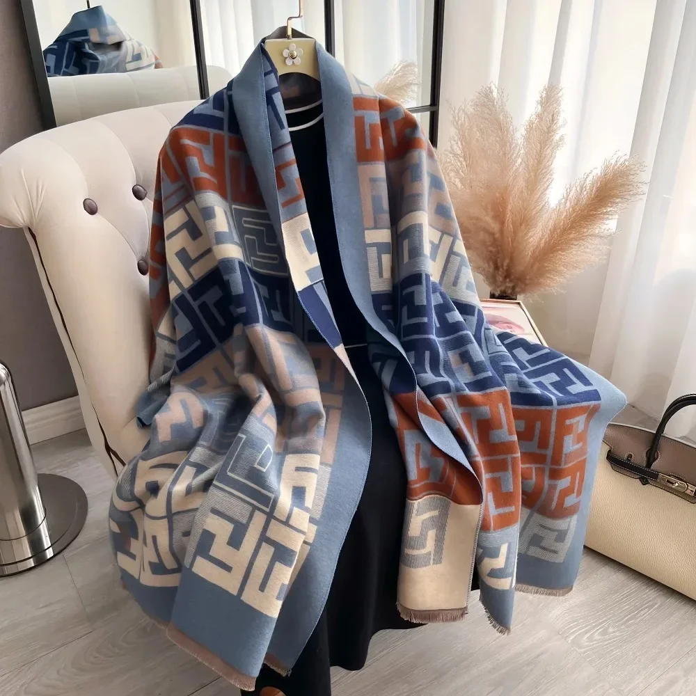 Female Imitation Cashmere Scarf Thickened Version Autumn Winter Double Sided Letter Tassel Shawl Coldproof Windproof Blanket