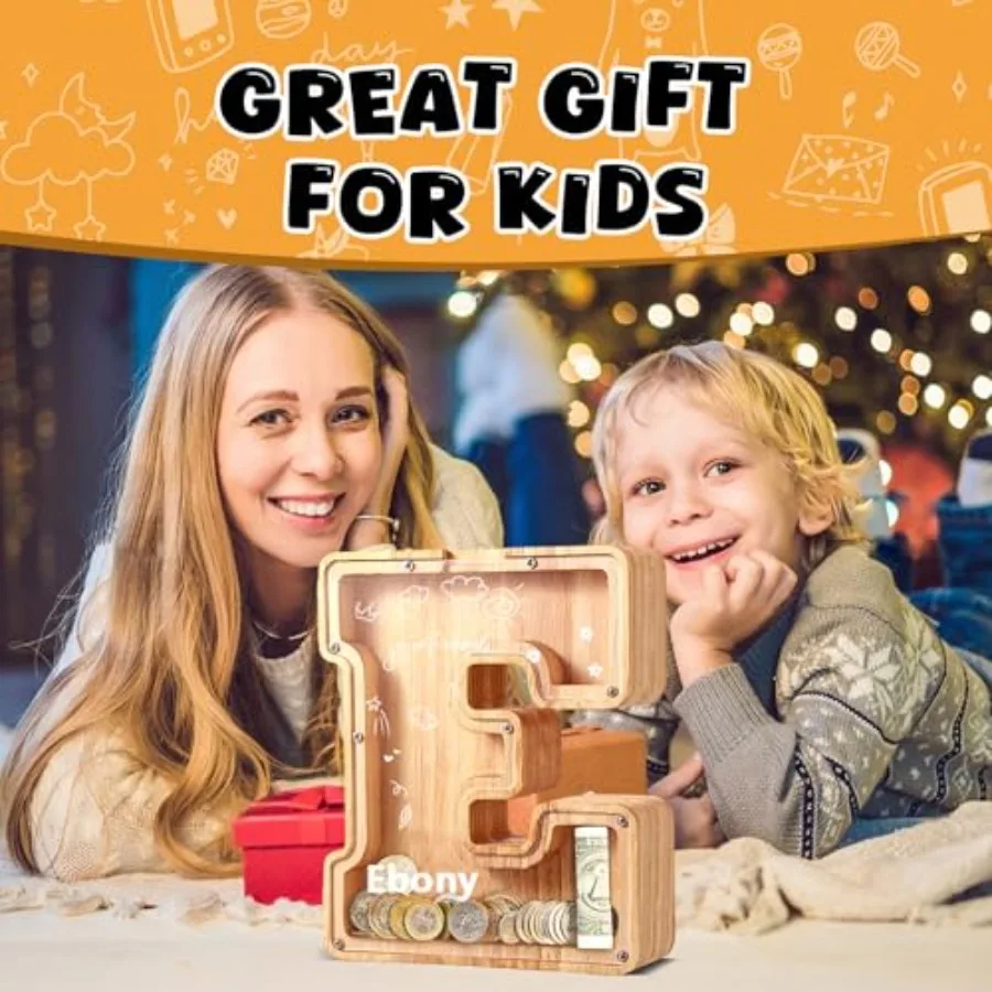 Large Piggy Banks Twenty-Six English Alphabet Letter for Boys Girls, Wooden Personalized Bills and Cos Bank Money Box, DIY Name