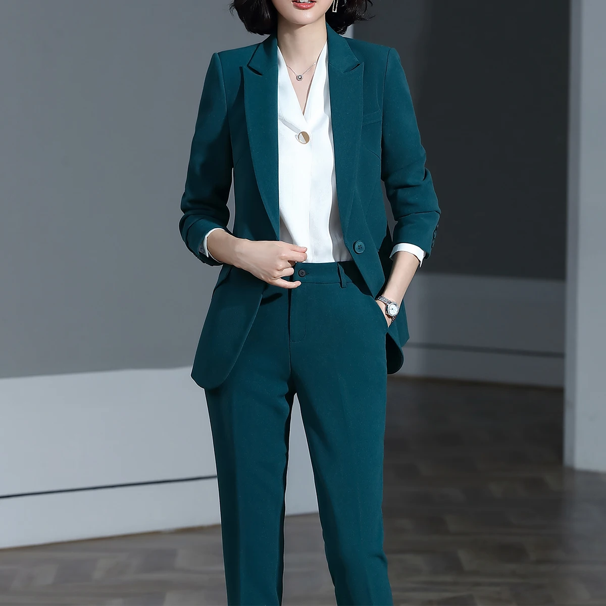 Conjunto de dos piezas para mujer, conjunto de chaqueta y pantalón, color rojo, azul oscuro y negro, talla S-4XL, para oficina