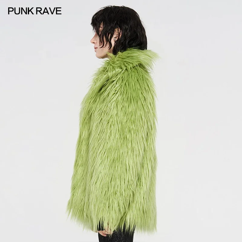 PUNK RAVE Women\'s Simple Punk Imitation Fur Coat Gorgeous Fashion  Loose Winter Keeps Warm  Outerwear Fluorescent Green&Black