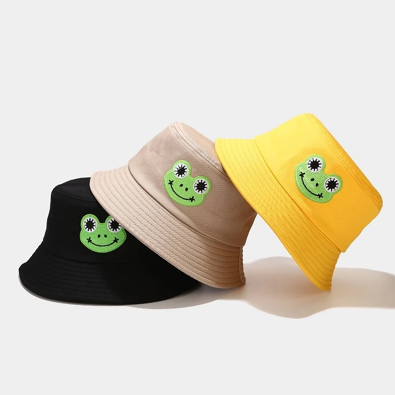 Women Cute Frog Embroidery Bucket Hat Casual Cotton Sun Cap for Outdoor Travel & Daily Streetwear
