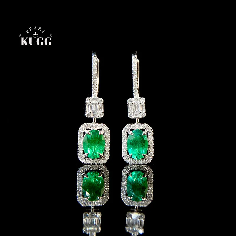 

KUGG 100% 18K White Gold Earrings Luxury Elegant Design Shiny Diamond Natural Emerald Earrings for Women High Gemstone Jewelry