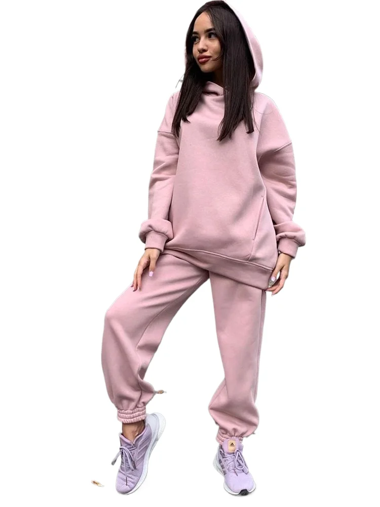 

Autumn Winter Solid Color Pants Sets Women Casual Sports Style Two Piece Set Hooded Sweatshirt Trousers 2 Piece Suit Female New