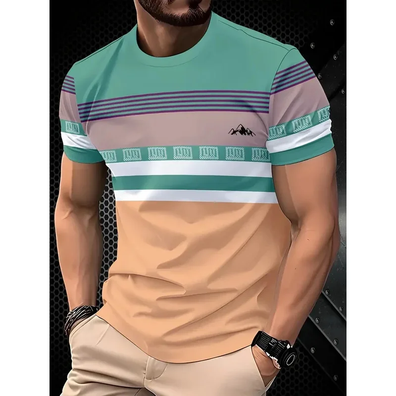 Summer classic men's T-shirt: Outdoor round-neck short-sleeved top with striped print, loose street men's T-shirt with additiona