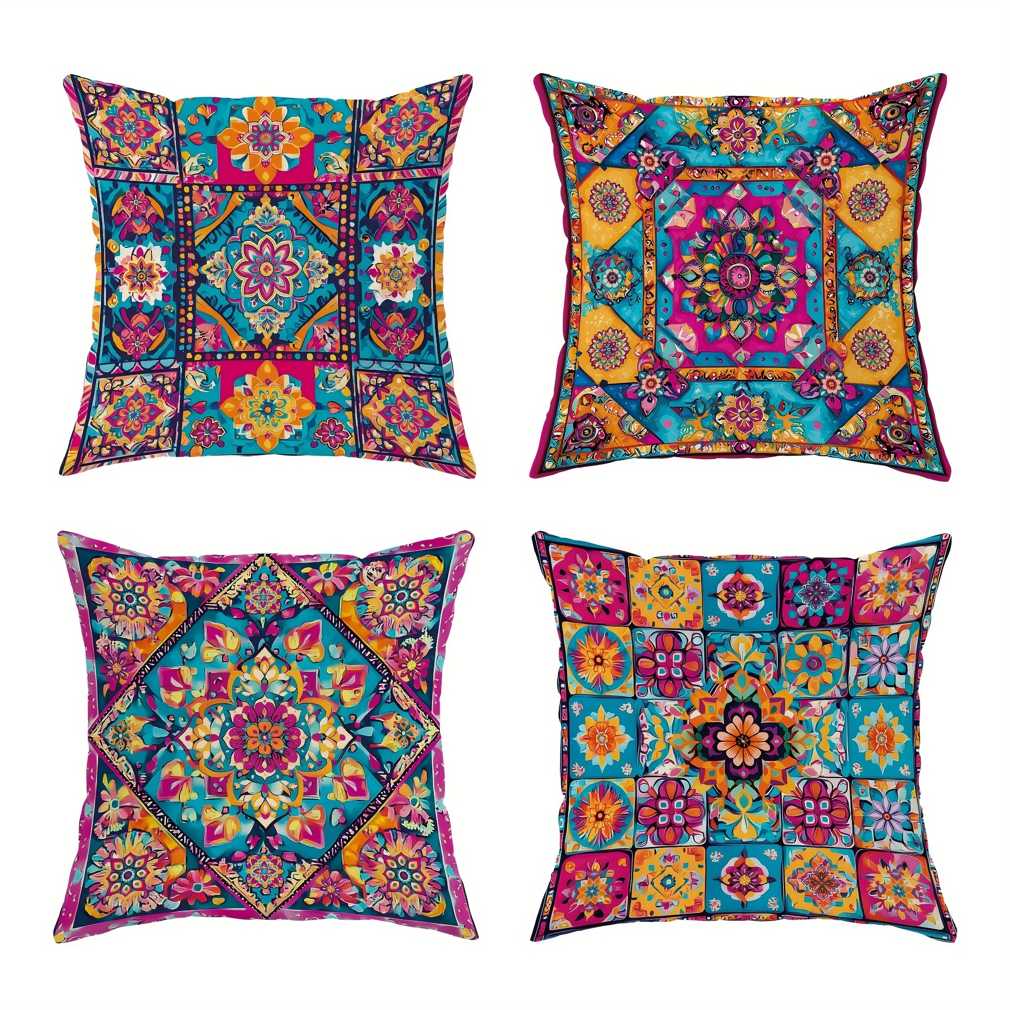 Juego de 4 fundas de cojín estilo bohemio con un diseño geométrico vibrante en azul, amarillo y rosa. Hechas de poliéster suave,
