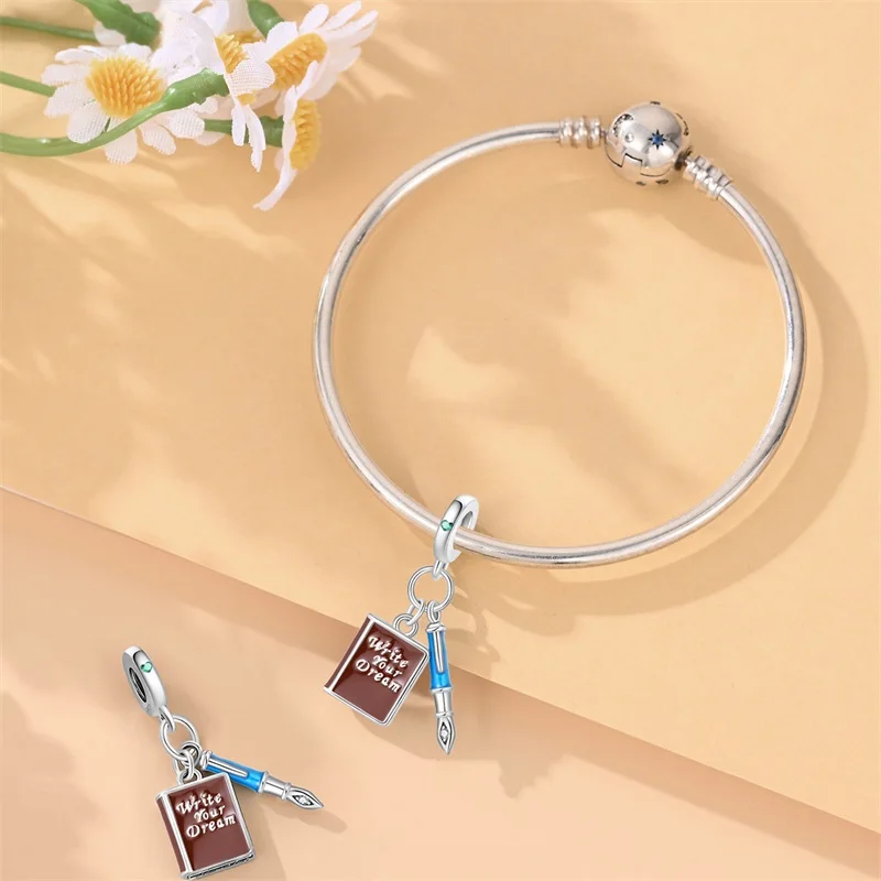 New Original 925 Sterling Silver 2Pcs Pen Charms Bead Dangle For Women Fine DIY Birthday Jewelry Gifts