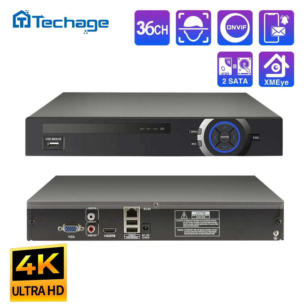 Techage H.265 8MP 36CH IP NVR Ultra HD 4K Smart AI Support Face Motion Detection Human E-mail Alert Support Onvif Protocol P2P