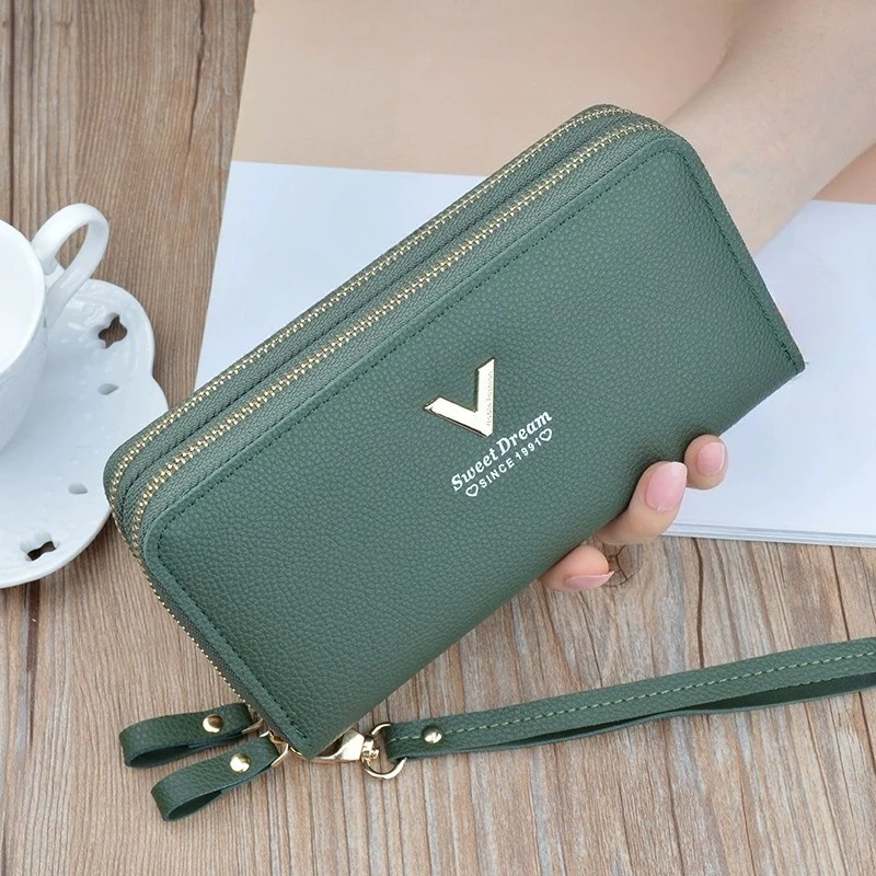 

Women’s Double Zipper Long Wallet, PU Leather Large Capacity Card Holder Wristlet Clutch with Phone Pocket Purse