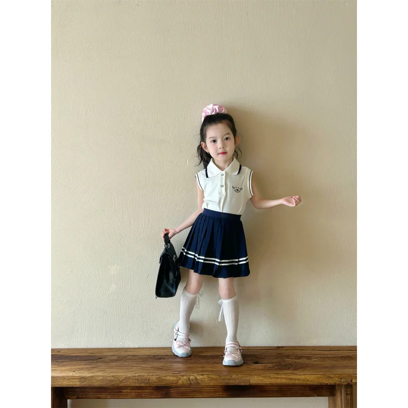 

2025Summer New Girls' Preppy Style Set Children's Fashionable Turn-down Collar Vest+Versatile Pleated Skirt Two-Piece Set