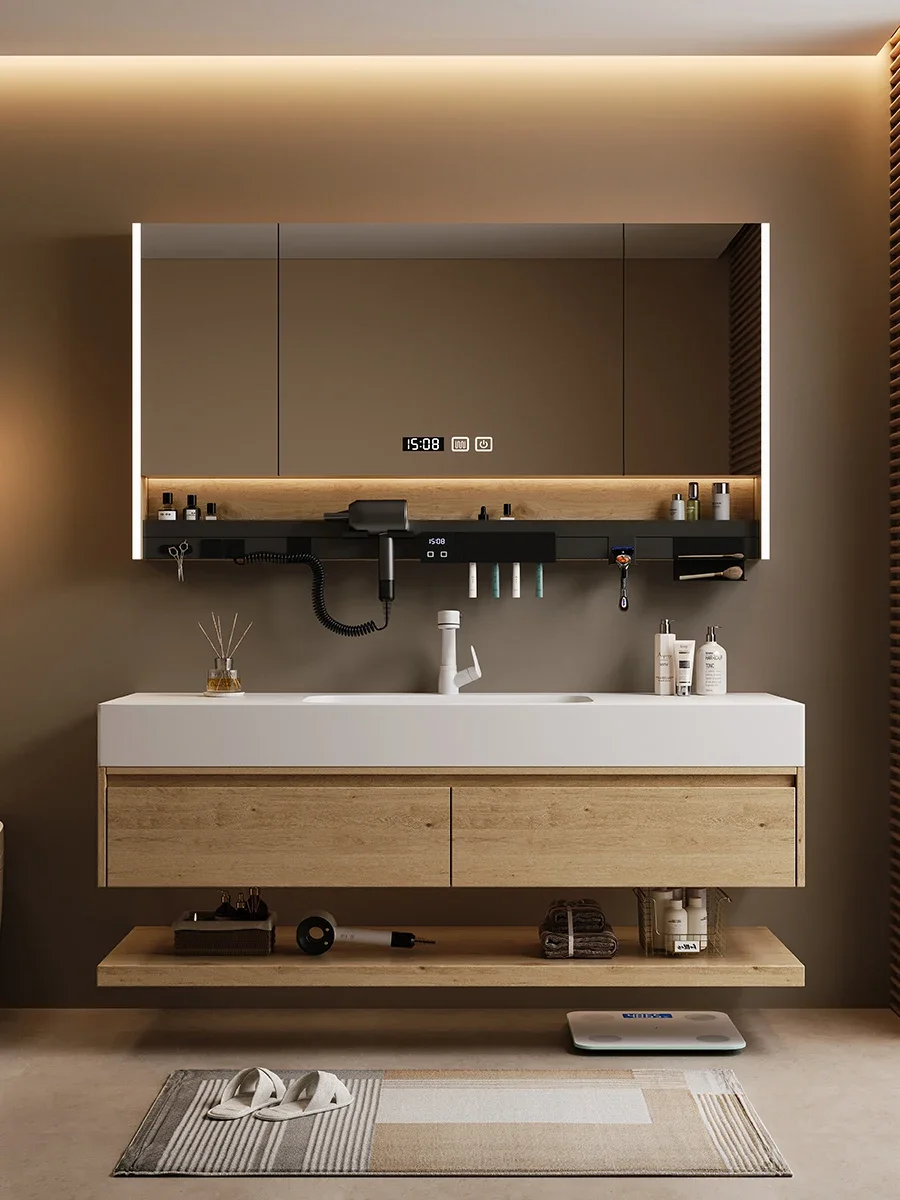 Integrated basin, bathroom cabinet, combined oak bathroom, washbasin, rock slab hot bending hand washbasin customization