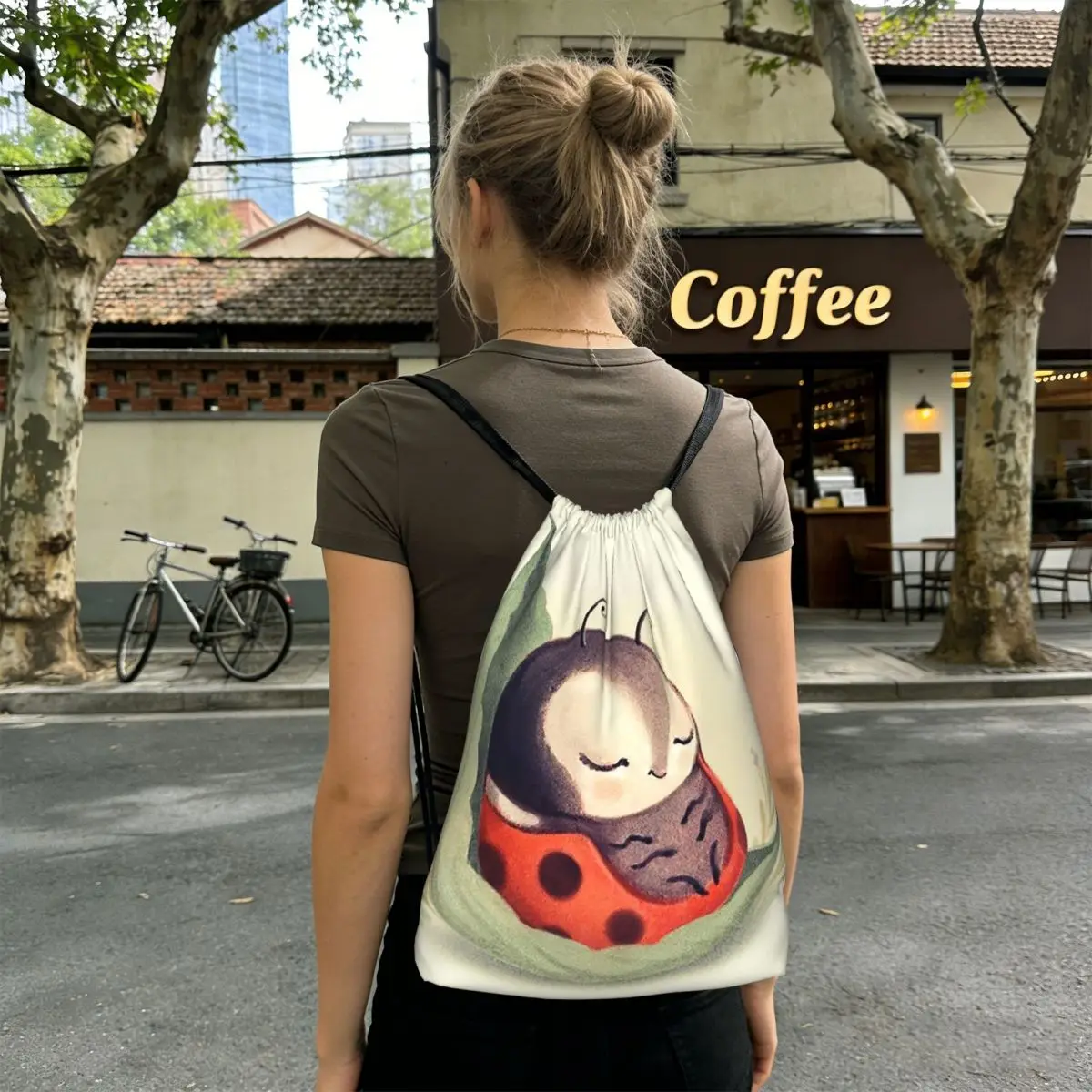 Cartoon Ladybug Lying On The Leaf Boat Backpacks Portable Drawstring Bags Shoes Bag Book Bags for Travel School