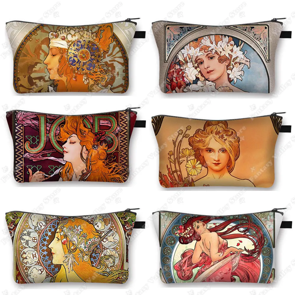 Estuche de cosméticos con pintura al óleo de Alphonse Mucha, bolsa de maquillaje de belleza para mujer, bolsas de almacenamiento de pañuelos y lápiz labial, bolsa de cosméticos de aseo para mujer
