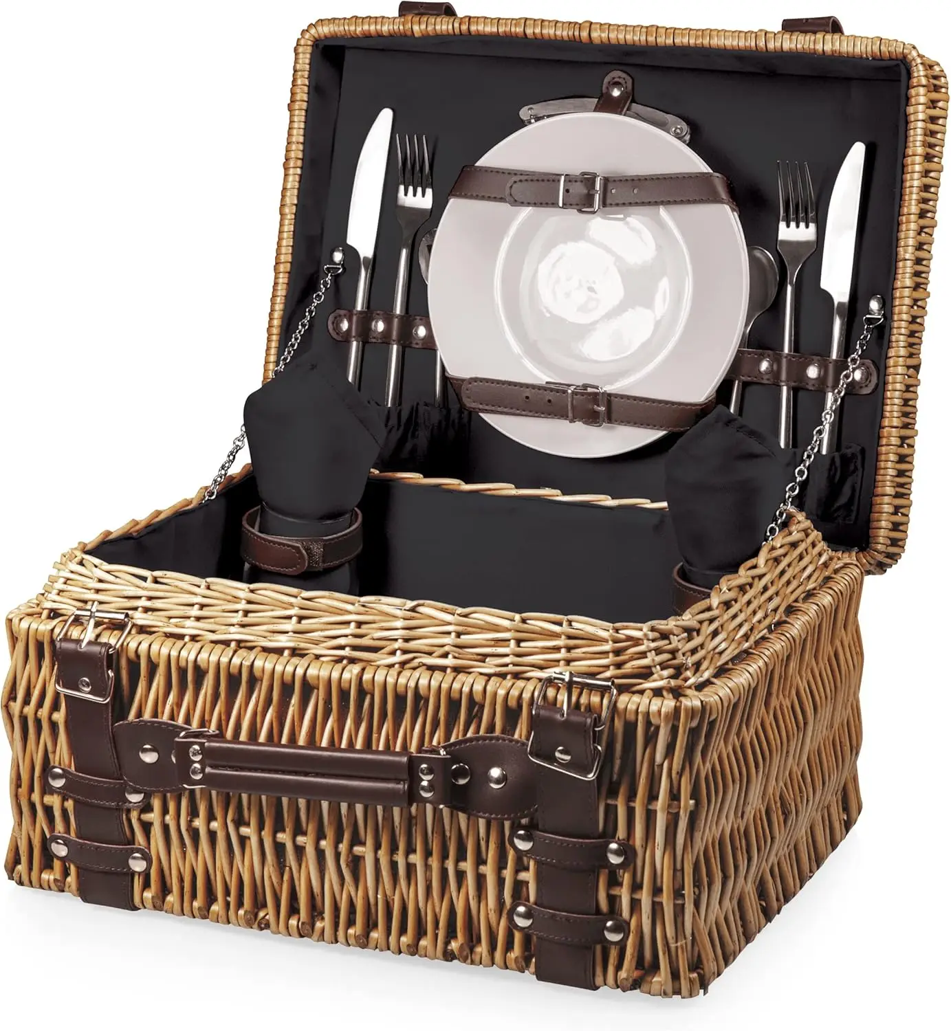 

Large Wicker Hamper Set with Cutlery Service Kit (Black with Brown Accents)