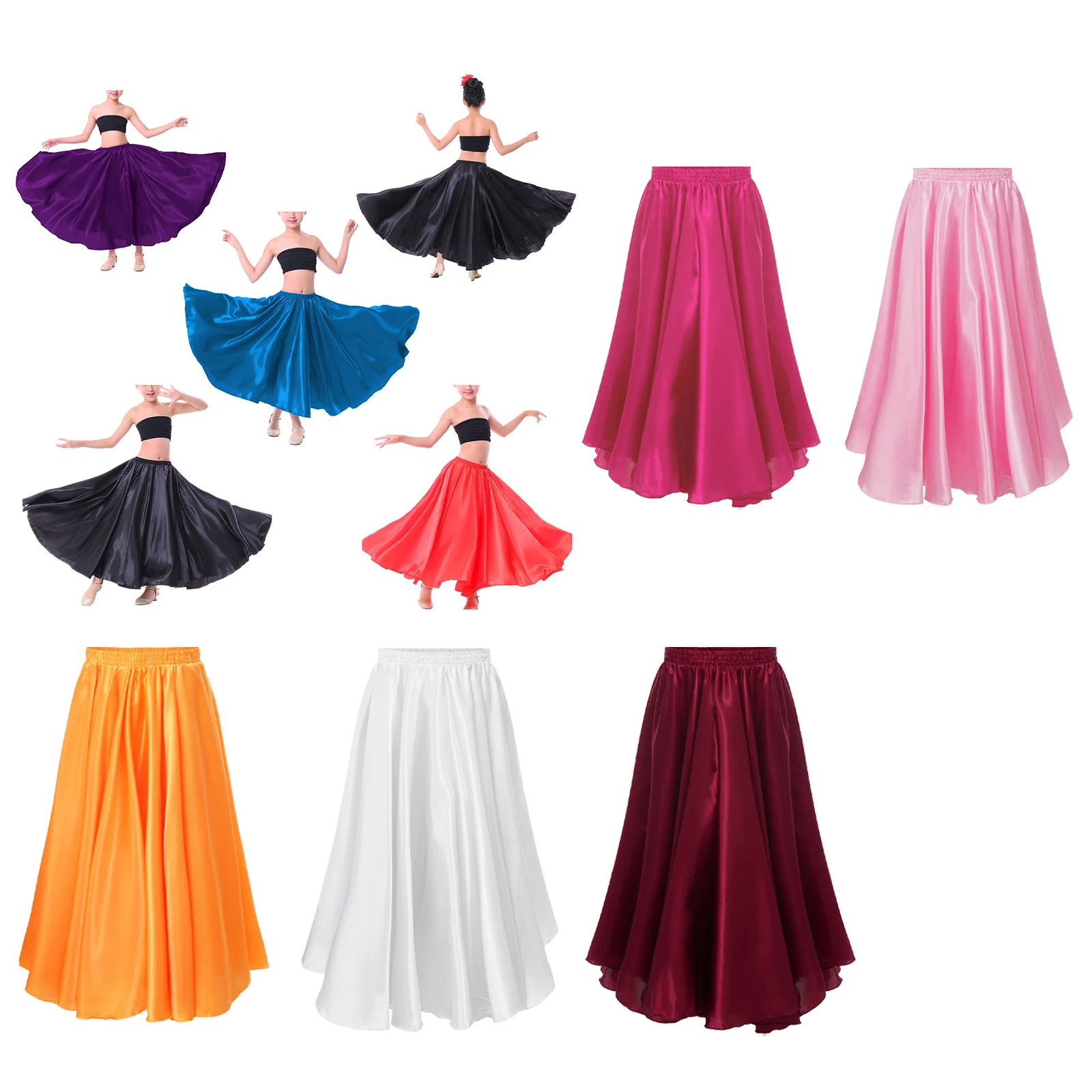 Girls Shining Satin Spanish Flamenco Skirt Colorful Big Swing Folkloric Mexican Folk Dance Long Skirts Rave Performance Costume