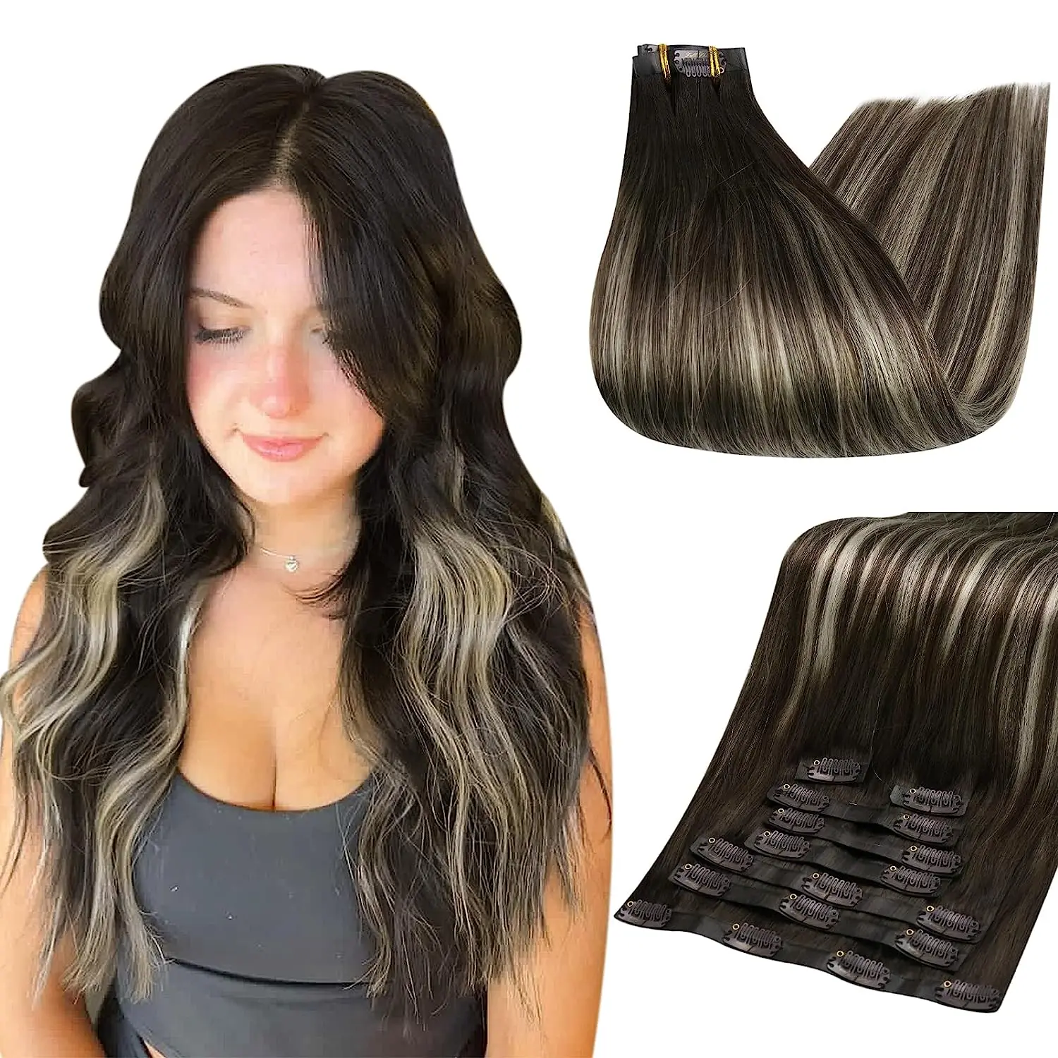 Full Shine Clip-in-Haarverlängerungen, Echthaar-Clip, Balayage, 7 Stück, 120 g, Doppelschuss-Haarverlängerungen, Echthaar für Damen