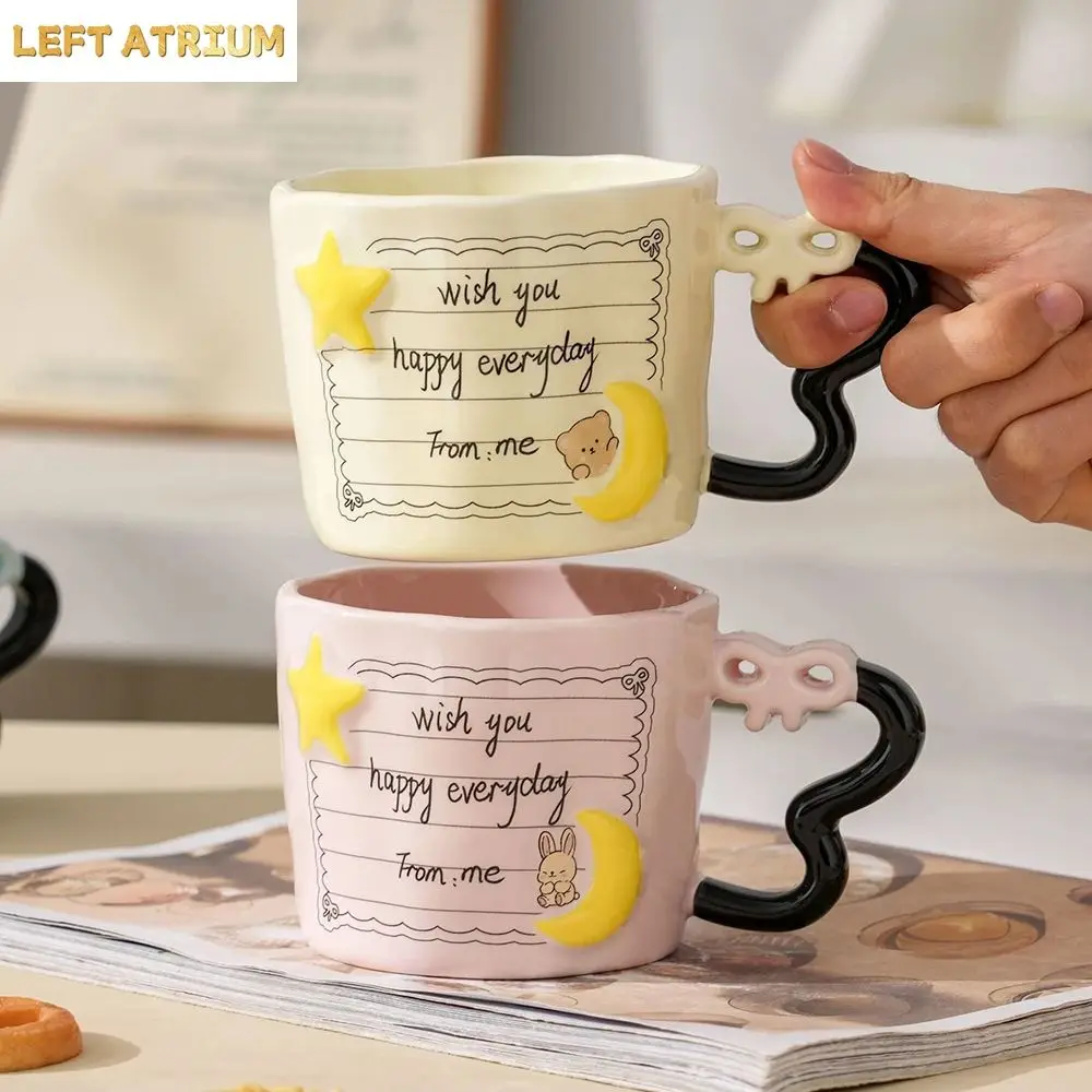 Cute 3D Star Moon Ceramic Coffee Mugs Home Office Daily Use Exquisite Creative Letter Print Porcelain Water Cups Bow Handle Mug