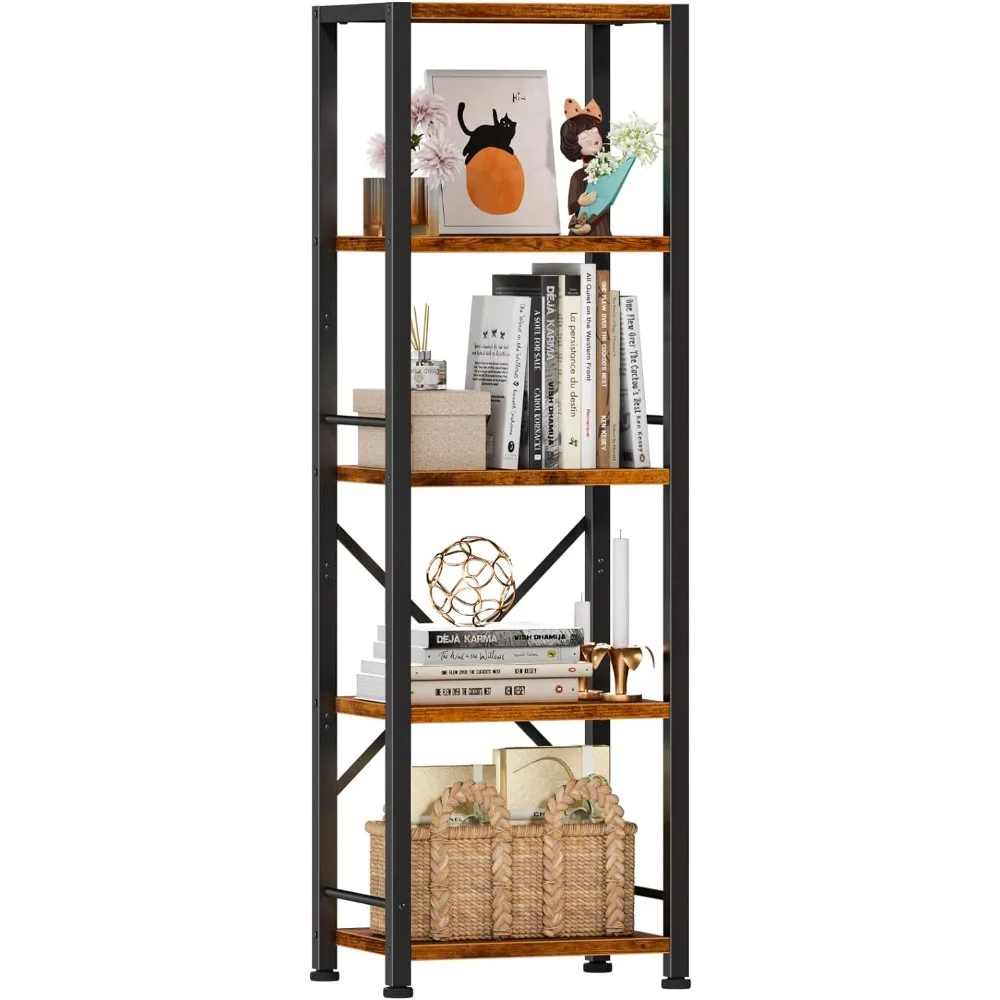 

5 Tier Tall Bookshelf, Rustic Narrow Bookcase, Display Standing Shelf Units, Metal and Wood Storage Shelves Organizer