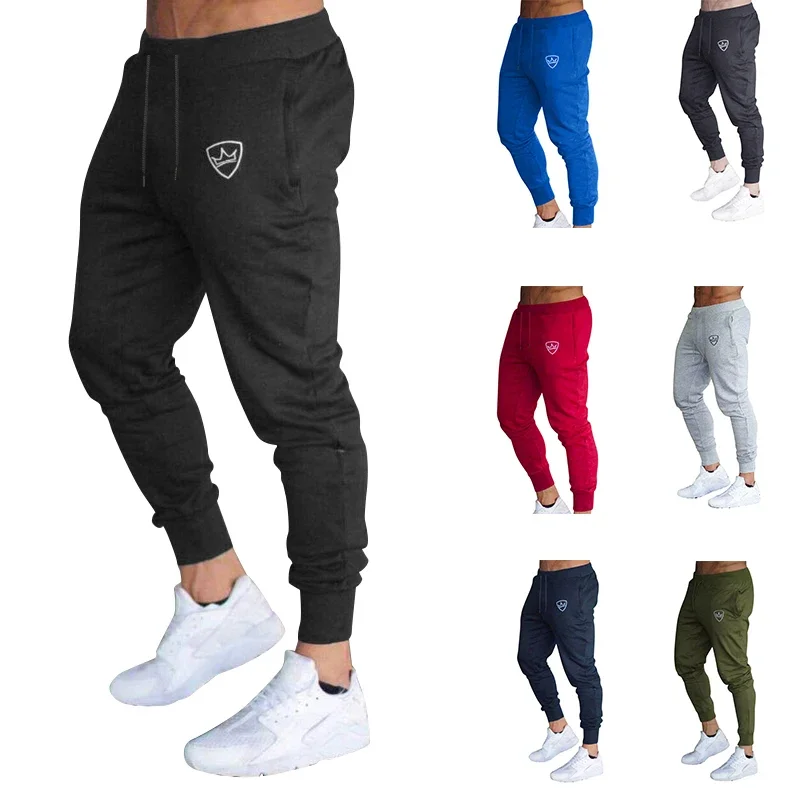 Casual Solid Color Drawstring Pocket Design Slim Fit Crown Logo Pants