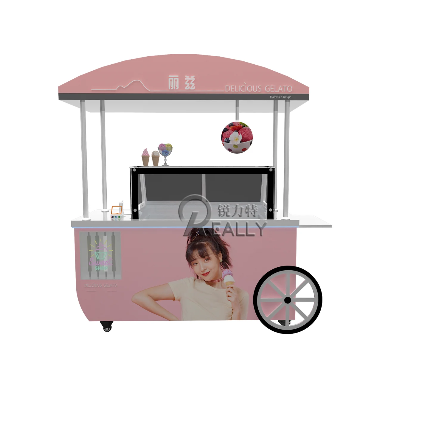 عربة عرض آيس كريم جديدة بعجلات للمشروبات المتنقلة والحلوى والآيس كريم المجمدة وخزانة عرض عربة طعام في الشوارع