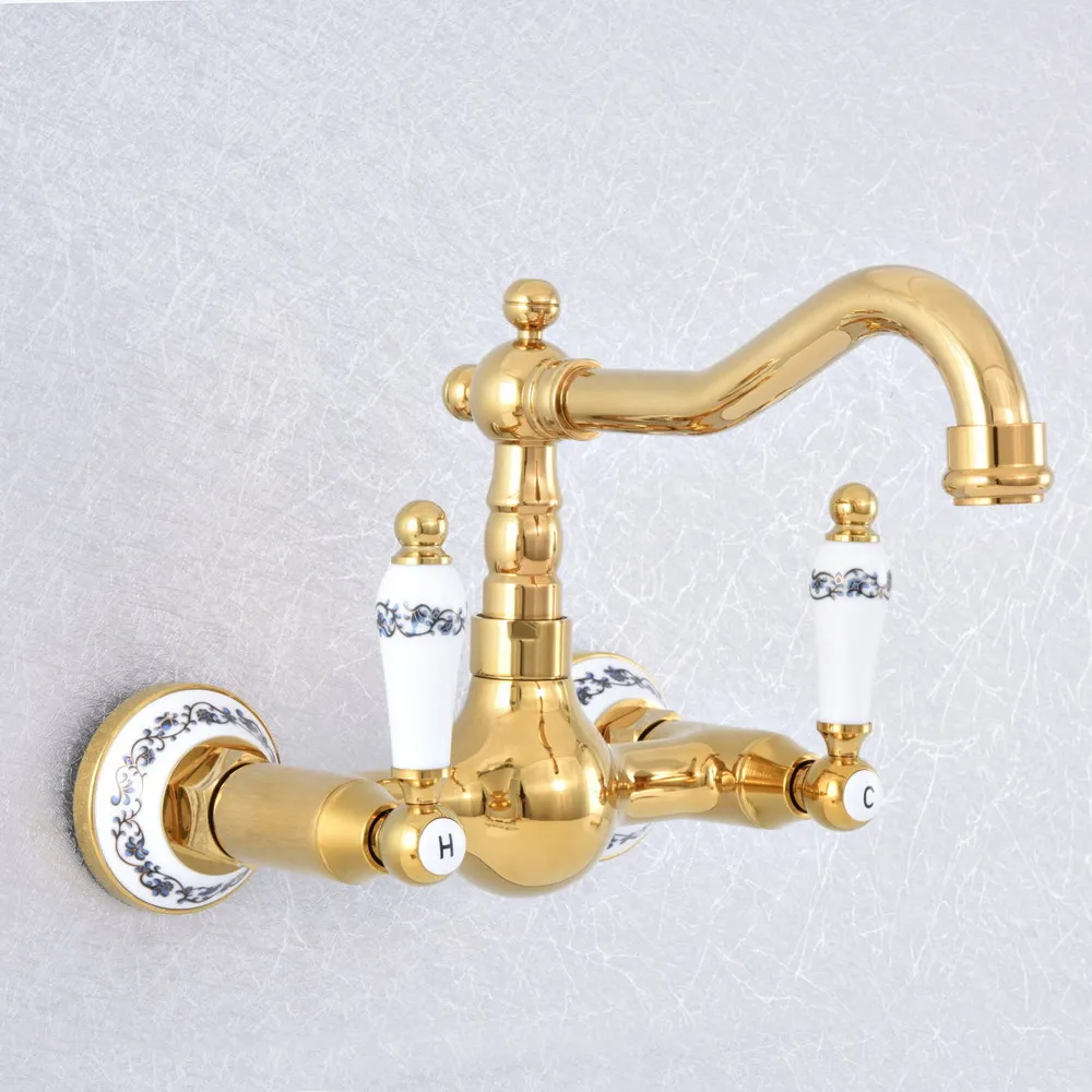 Polished Gold Color Brass Wall Mounted Double Handles Bathroom Kitchen Sink Faucet Mixer Tap Swivel Spout asf611