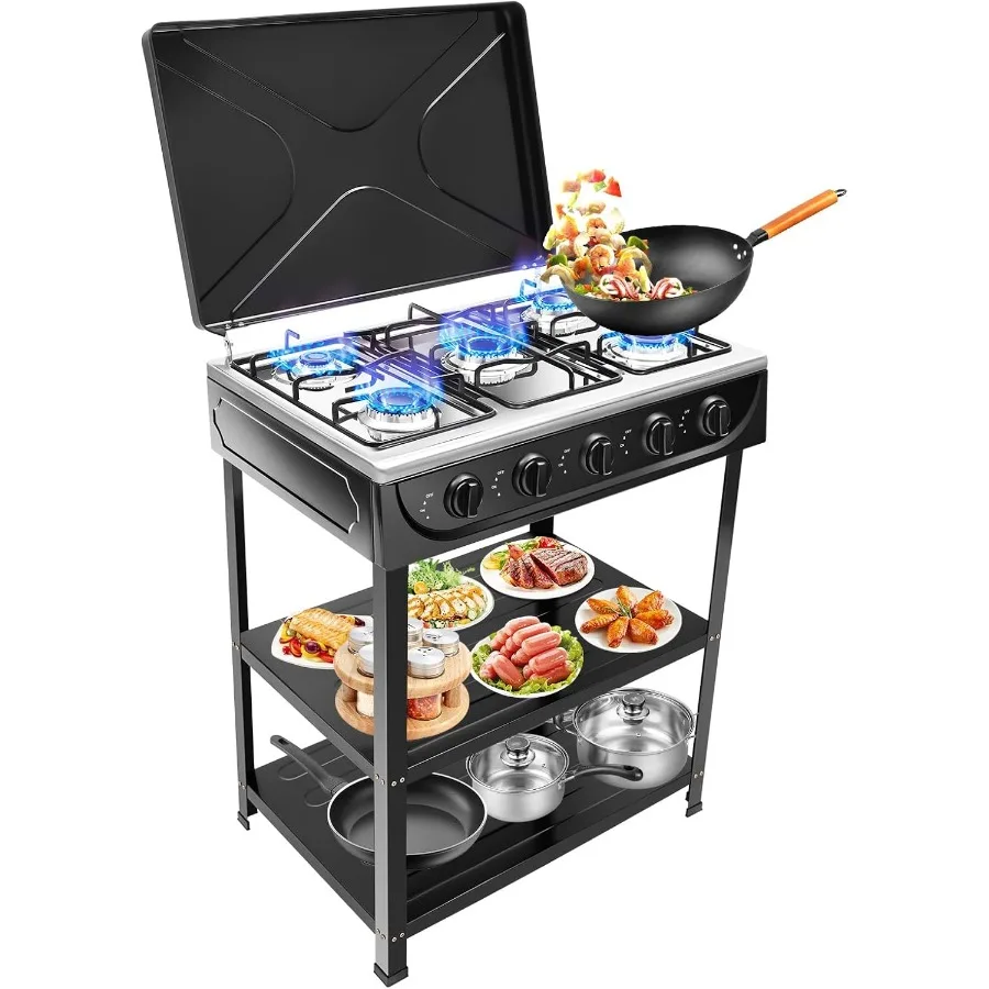 

5 Burner Gas Stove Portable Outdoor Stove with Removable Storage Stand Stainless Steel Gas Cooker with Cover for Camping Picnic