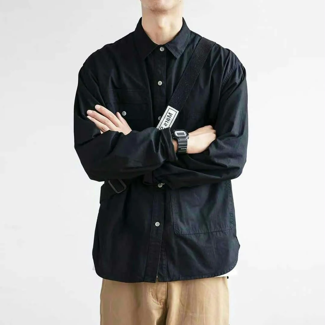 Loose Men's Workwear Jacket Vintage Japanese Style Casual Thin Long Sleeve Shirt Wear Resistant Outerwear Cotton Pure Color