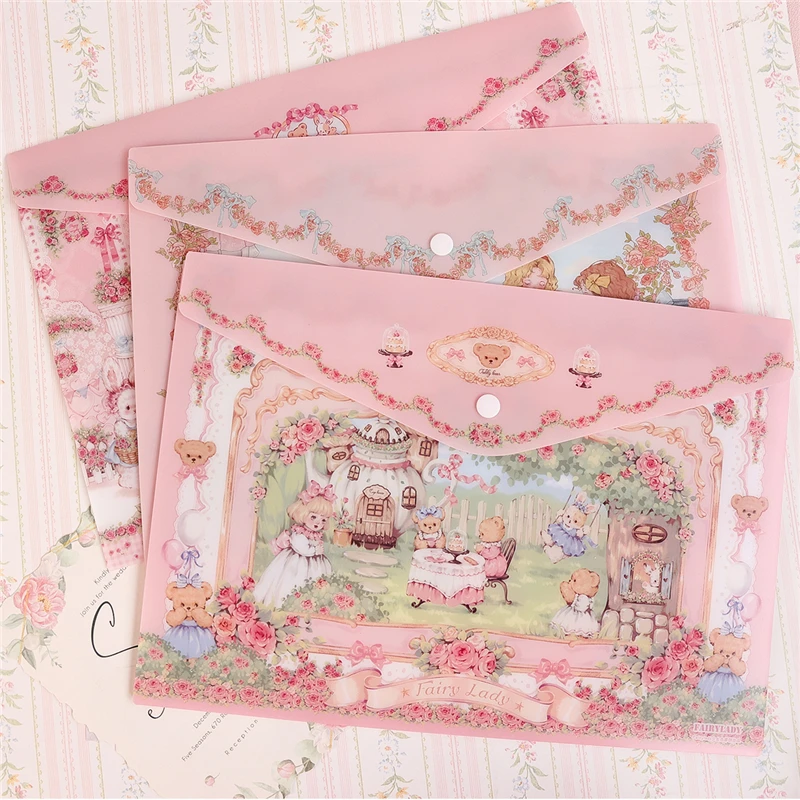 Kawaii A4 File Bag, Cute Cartoon, Test Paper Pen Storage Clip, Pink, Large Capacity, Office and School Supplies, 2Pcs