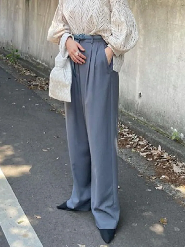 

Spring Summer Japanese Style Wide Leg Pants High Waist Drapey Loose Straight Cut Suit Trousers for Women Elegant Commute