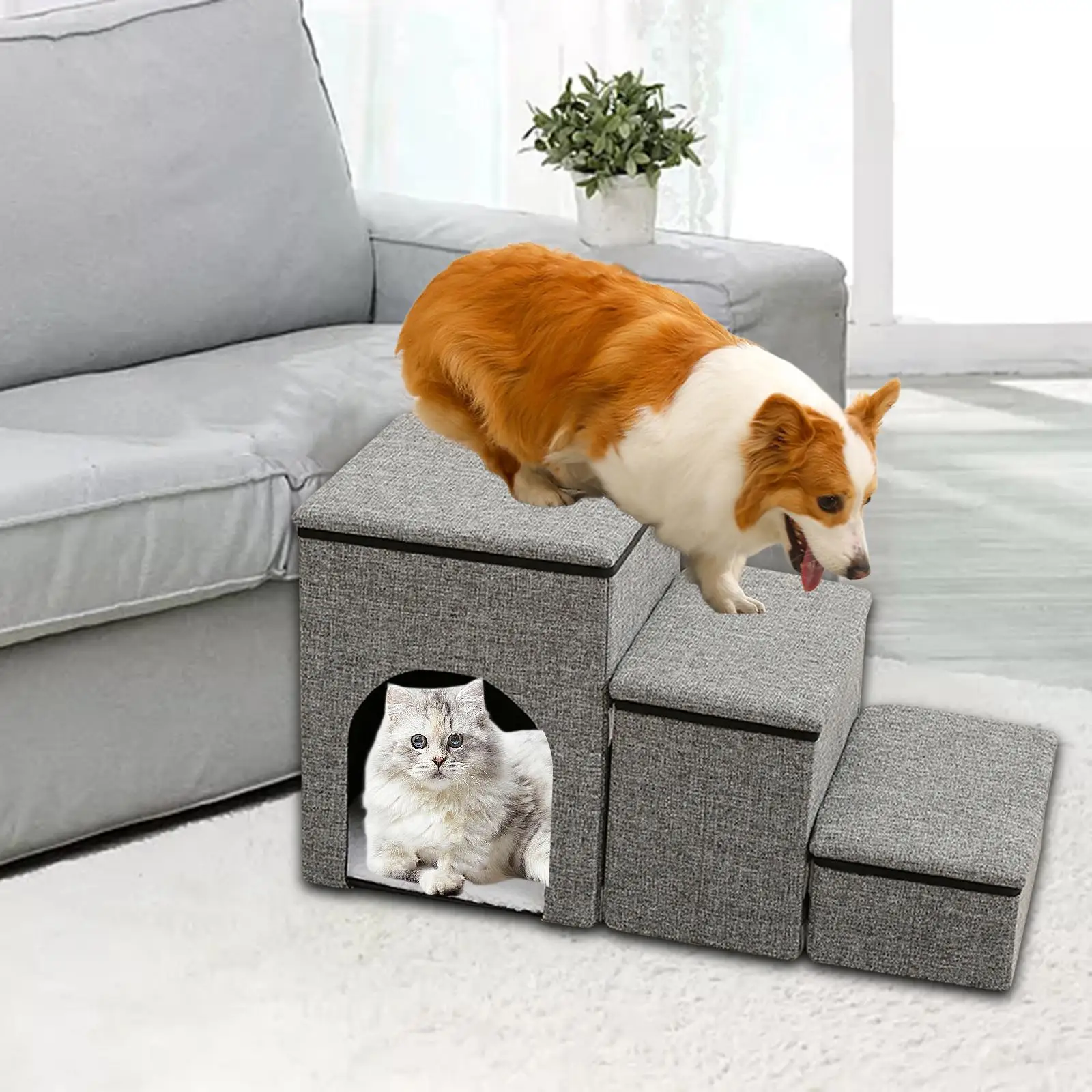 Foldable Pet Stairs High Beds Cat Stairs Ladder Comfortable Anti Slip Dog Ramp Cat Dog Steps for Small Dogs and Cats or Pets