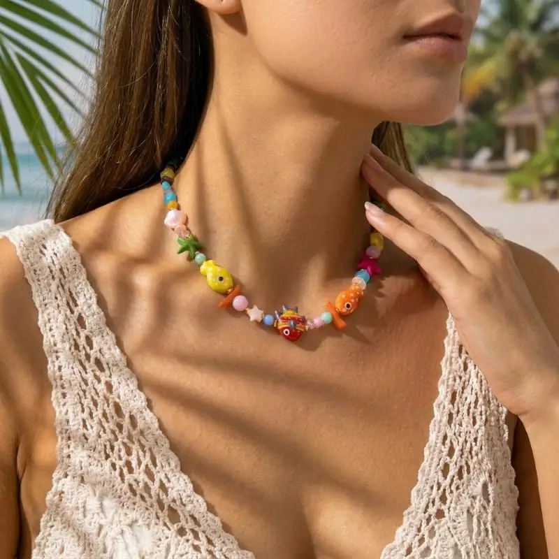 Eco-friendly Acrylic Beaded Choker Necklace Cute Fish Starfish Ocean Charms for Women Summer Casual Daily Wear