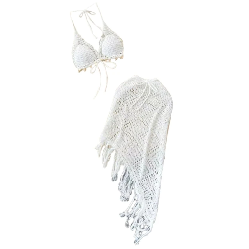 Set copricostume da spiaggia da donna con reggiseno allacciato collo lavorato a maglia all'uncinetto gonna con nappe