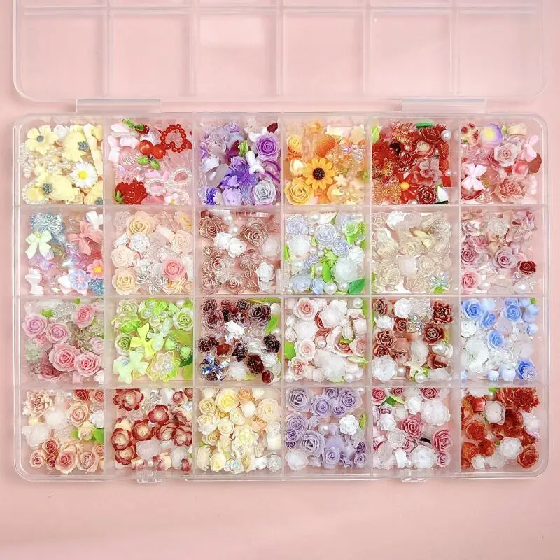 1Box Random Mixed Resin Daisy Rose Flower Nail Art Decorations Minimalist Mini Pearl Fresh Green Leaf Nail Decoration Making DIY