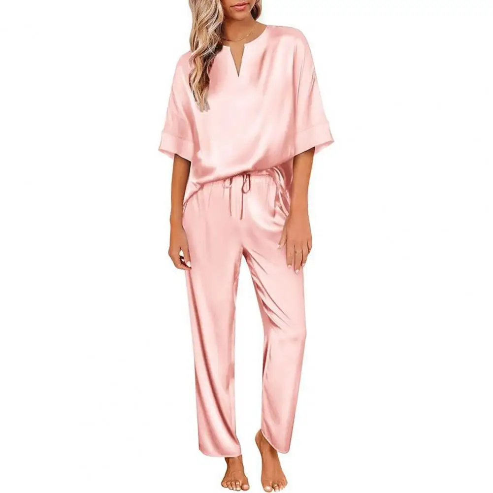 Women Satin Pajamas Stylish Women's Sportswear Set Satin V Neck Top Elastic Waist Trousers Outfit for Fall Wide-leg Trousers Set