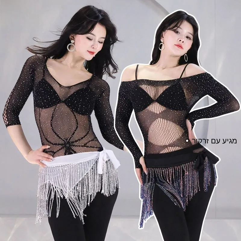 2026 New Sexy Hollow out Beaded Mesh Top High Elasticity  Long Sleeve Tight Fit Clothing Cross Border Fashion