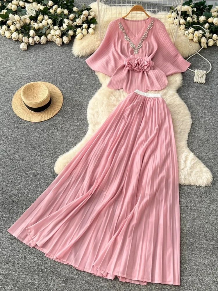 EGRM Elegant Rhinestone Pleated Skirt Sets Slim Party Club Vintage Dress American Fashion Women Clothes Two Piece Set 9R3018 image 3