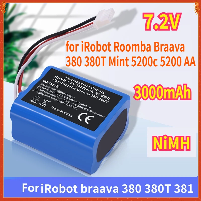 1PCS 7.2V 3000mAh Ni-MH สําหรับ iRobot Roomba Braava 380 380T Mint 5200c 5200 AA NiMH 3000mAh แบตเตอรี่ Part