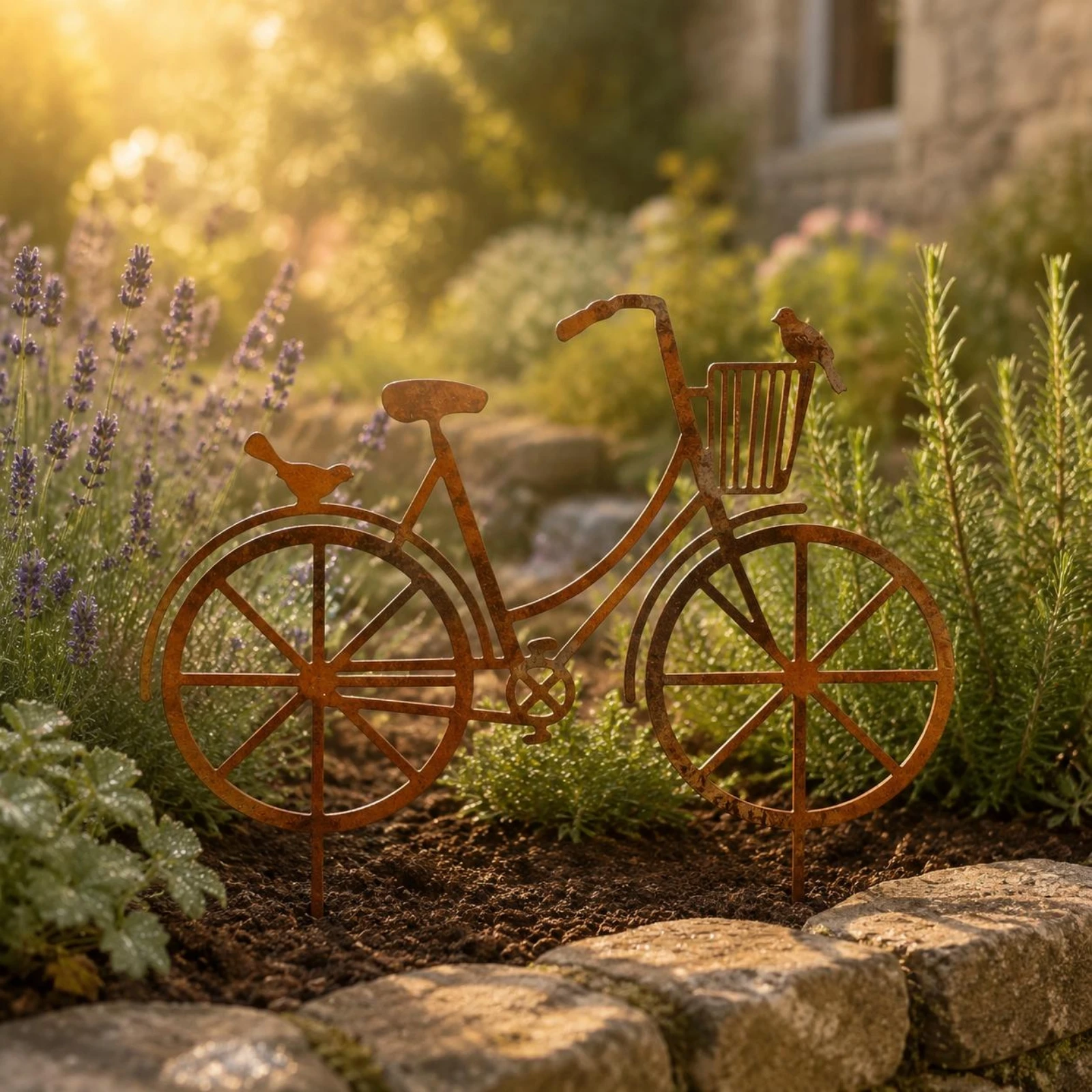 Vintage Pedal Cycle Stake Flat Iron Bike Garden Stake Rustic Bike Yard Ornament Bird Decorations Outdoor Decoration for Lawn