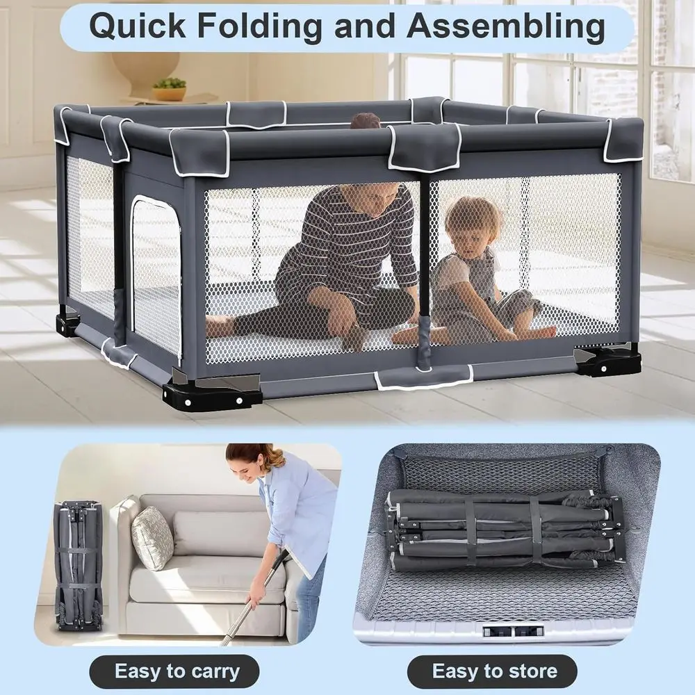 Draagbare opvouwbare box met mat voor baby's, peuters en kinderen - grijs, 50x50 inch