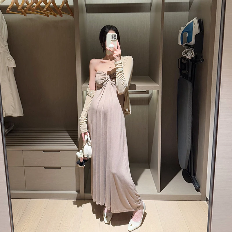 

Pregnant Women 2 Piece Suits Autumn New French Tube Top Dress Sexy Hot Mom Dress Suit Knitted Shirt