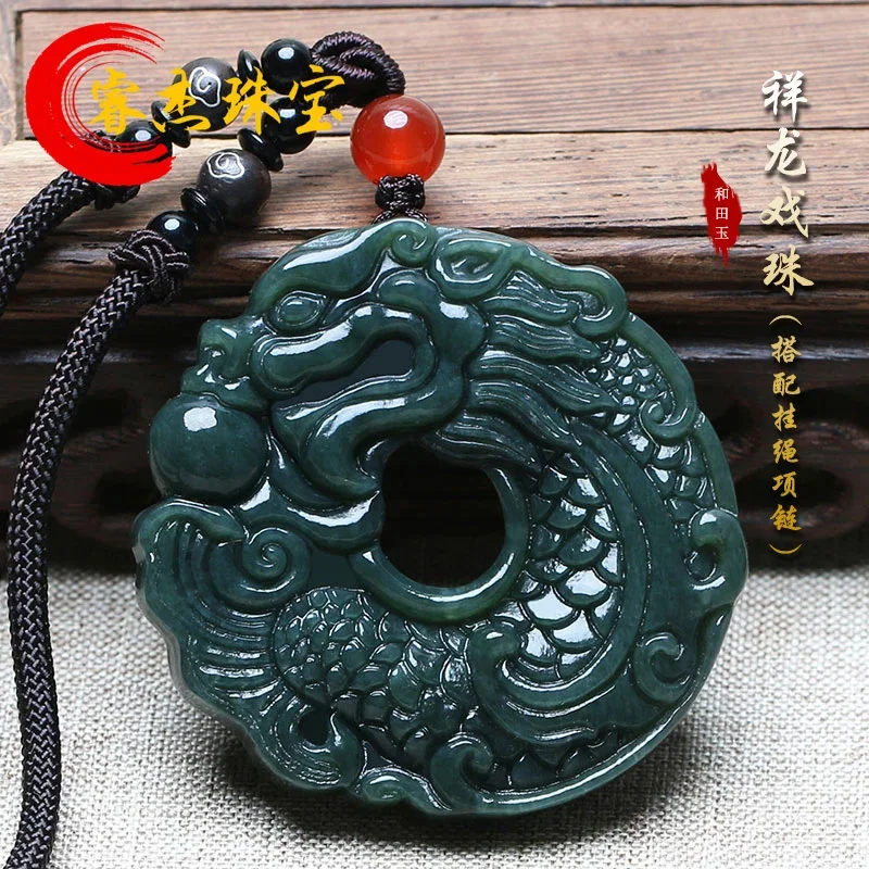 

Genuine green jade pendant hollow handcarved dragon jadeite jade penants necklaces jewelry necklace