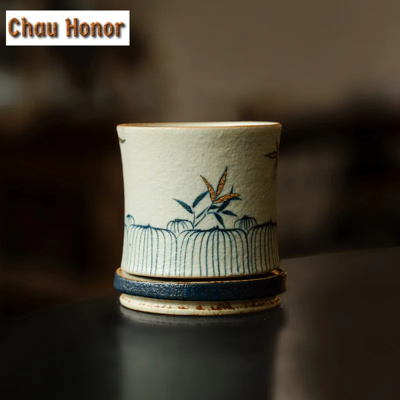 

80ml Blue And White Flint Red Teacup Gold Drawing Bamboo Tea Bowl Decompression Spin Cup Meditation Cup Jianzhan Chinese Tea Set