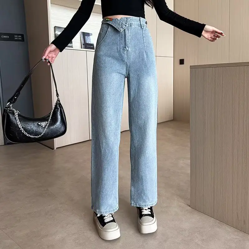 

High Waist Straight Leg Jeans Women's Long Pants Slimming Effect Casual Cotton Polyester Blend No Stretch Deep Blue Denim
