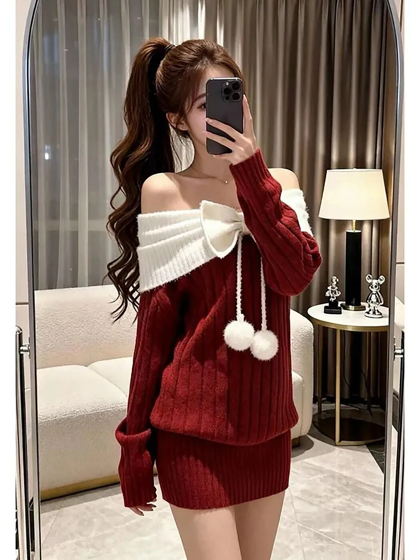 

Новогоднее красное зимнее новое женское платье, сексуальная облегающая юбка на одно плечо, теплое вязаное платье для женщин